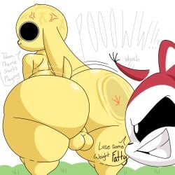 1:1 angry anthro ass balls big_butt butt_slap canid canine canis chikn_nuggit chikn_nuggit_(chikn_nuggit) dialogue domestic_dog duo genitals hawt_saus_(chikn_nuggit) hi_res japansadface male mammal rodent sciurid simple_background slap thick_thighs tree_squirrel