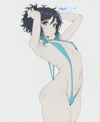 1boy :3 ai_assisted aqua_eyes armpits arms_up bangs black_hair blue_eyes blue_hair blush braid bulge closed_mouth covered_nipples english_text feminine_male genshin_impact gradient_hair looking_at_viewer male male_focus multicolored_hair navel one-piece_swimsuit otoko_no_ko simple_background sling_bikini slingshot_swimsuit smile solo sondu swimsuit thighs trap twink venti_(genshin_impact) white_background