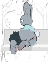 ambiguous_gender anthro anus ass background_character balls bench black_bottomwear black_clothing black_shorts blue_clothing blue_shirt blue_topwear bottomwear bottomwear_down clothed clothing duo empty_eyes fur genitals grey_body grey_fur grey_inner_ear_fluff hi_res inner_ear_fluff lagomorph leporid long_sleeve_shirt looking_at_viewer lying male mammal on_side open_mouth outside park_bench partially_clothed penis perineum plant public public_exposure rabbit scut_tail shirt short_tail shorts shorts_down simple_background tail tiosqr topwear tree tuft
