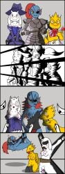 absurd_res alphys animal_humanoid anthro big_breasts blue_body blush bondage bondage boss_monster_(undertale) bound bovid breasts caprine clothed clothing comic digital_media_(artwork) eye_patch eyewear fantasy female fur gag glasses goat hair hi_res horn humanoid lizard mammal marine mature_female nipples non-mammal_breasts nude red_hair reimon-master-ii reptile scalie simple_background smile teeth toriel undertale undertale_(series) undyne white_body white_fur yellow_body