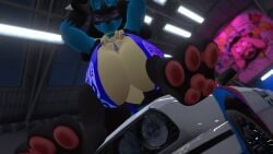 arms_behind_head arms_up big_breasts chest_spike chest_tuft feet looking_down lucario pokemon pokemon_(species) sitting sling_bikini sloppydragons vrchat