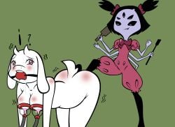 anthro arachnid arthropod ass big_breasts blush bodily_fluids bondage boss_monster_(undertale) bound breast_milking breasts clothed clothing female female/female femdom fur gag hi_res horn humanoid lactating muffet multi_arm multi_eye multi_limb nipples nude reimon-master-ii simple_background smile spider tail toriel undertale undertale_(series) white_body white_fur