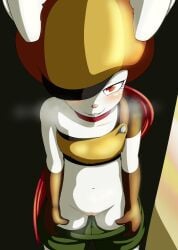 anthro black_clothing black_shirt black_topwear blush bodily_fluids bottomless bottomless_female bottomwear bottomwear_down bottomwear_pull brown_clothing brown_gloves brown_handwear clothed clothing clothing_pull dragon_ball dragon_ball_super eyelashes female flashing flashing_pussy genital_fluids genitals gloves green_bottomwear green_clothing green_shorts handwear hat headgear headwear hi_res high-angle_view lagomorph leporid looking_at_viewer mammal orange_clothing orange_shirt orange_topwear partially_clothed presenting presenting_pussy pussy rabbit red_eyes red_scarf scarf shirt shorts shorts_down sorrel sorrel_(dragon_ball_super) topwear torn_clothing torn_shirt torn_topwear undressing vaginal_fluids vulapa
