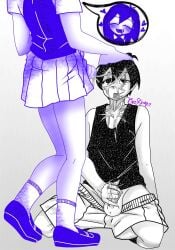 1boy 1futa anime_style black_and_white black_hair black_tank_top blue_eyes blush blush blushing_female brother_and_sister cum_in_mouth cum_on_body cum_on_clothes cum_on_face cum_on_hair cum_on_hand facial futa_on_male futanari hand_on_head happy_female hearts_around_head implied_fellatio implied_oral incest jerking_off looking_at_another looking_up male/female malesub mari_(omori) mob_face older_female older_female_and_younger_male older_sister omori omori_(character) omori_(game) omori_(omori) on_knees penis school_uniform schoolgirl_uniform shorts_down sister sketch skirt_lift skirt_up smile smiling socks socks_and_shoes standing straight tongue_out white_background white_skin younger_brother younger_male yukarin_(artist)