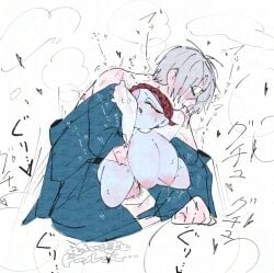 1boy 1girls alternate_body_type ambiguous_penetration auburn_hair balls big_breasts blue_body blue_skin blush bouncing_breasts canon_couple crown_braid dilf female from_behind gegege_no_kitarou ghost_girl hanging_breasts huge_breasts husband_and_wife iwako_(gegege_no_kitarou) kitarou_tanjou_gegege_no_nazo larger_male machiyaenisi male married_couple medama_oyaji_(human) milf minigirl nipple_piercing sagging_breasts shortstack size_difference smaller_female sweat youkai