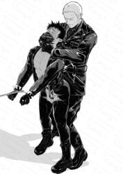 2boys black_and_white boots bound_wrists chastity chastity_cage clothed crotchless_clothes denkishingoh dominant_male gloves leather leather_clothing male/male male_only open_shirt slave submissive_male tears yaoi