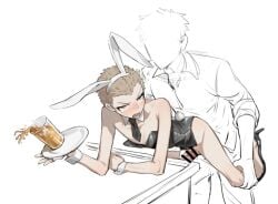 bent_over bent_over_table blush bunny_ears bunnysuit casssstle12 danganronpa danganronpa_2:_goodbye_despair fuyuhiko_kuzuryuu gay grabbing_leg male male/male male_focus male_only penis waiter yaoi