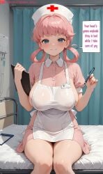 apron bangs bed blue_eyes blush breasts clipboard closed_mouth clothing covered_nipples curtains dress english_language english_text female female female_only hair_rings hanako_king hat headwear holding holding_clipboard holding_syringe hospital_bed indoors infirmary joy_(pokemon) large_breasts long_hair looking_at_viewer nurse nurse_cap nurse_clothes on_bed pillow pink_hair pokemon pokemon_character see-through short_sleeves sitting smile solo syringe text thighs twintails white_apron white_headwear