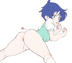 1boy 1femboy anus anus_peek ass ass_exposed ass_focus blue_hair feminine_male gay girly_boy heart lloyd_de_saloum solo tensei_shitara_dai_nana_ouji_dattanode,_kimamani_majutsu_o_kiwamemasu thighhighs yaoi