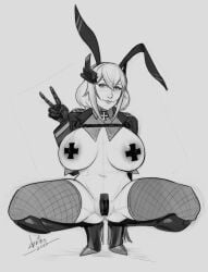 azur_lane bunny_ears bunnysuit devil_hs large_breasts monochrome roon_(azur_lane) stockings