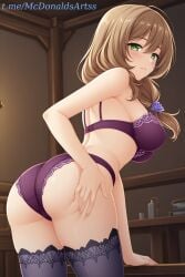 1girl 1girls ai_generated ass ass_focus ass_grab bare_shoulders black_thighhighs blush bra breasts brown_hair closed_mouth commentary_request cowboy_shot female female_focus female_only flower from_behind genshin_impact grabbing_own_ass green_eyes hair_between_eyes hair_flower hair_ornament hand_on_own_ass indoors large_breasts leaning_forward lisa_(genshin_impact) long_hair looking_at_viewer looking_back panties parted_lips purple_bra purple_flower purple_panties purple_rose rose solo straight thighhighs thighs underwear underwear_only zelanell