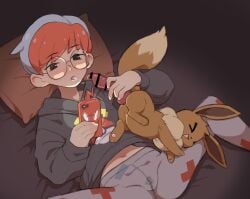 after_fellatio after_oral after_sex animal_genitalia animal_penis bed bodily_fluids brown_body brown_fur canine_genitalia canine_penis clothing eevee electronics erection eyewear fellatio female female_on_feral feral fur furniture generation_1_pokemon generation_4_pokemon genital_fluids genitals glasses group gum gum_(artist) hair happy hoodie human human_on_feral interspecies knot knotted_penis larger_female larger_human legwear male male/female mammal navel nintendo oral pantyhose penile penis penny_(pokemon) phone pillow pokemon pokemon_(species) pokephilia rotom rotom_phone saliva saliva_string sex short_hair size_difference smaller_feral smaller_male topwear trio vaginal_fluids zoophilia