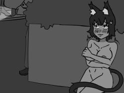 1boy 1girls absolutely_nothing_on ambiguous_gender blush blushing breasts cat_ears cat_tail catgirl classic_enf_pose cold completely_naked completely_nude completely_nude_female covering covering_breasts covering_self crouching embarrassed embarrassed_nude_female enf exhibitionism feith_noir female female_focus flashlight furry_ears guard hiding hiding_behind_object legs_together monochrome naked naked_female nervous night nipple nude nude_female outdoor_nudity outdoors public public_nudity searching shivering short_hair tail thick_thighs
