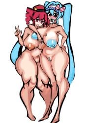 2d 2d_(artwork) 2girls areolae big_breasts blue_eyes blue_hair blue_nipples blue_pussy blue_tongue bottom_heavy breasts choker cleft_of_venus colored_pussy curvy curvy_female curvy_figure fat_thighs female female_only hairbow haruyo514 hat hatsune_miku height_difference huge_breasts inverted_nipples kasane_teto kasane_teto_(sv) large_breasts mesmerizer_(vocaloid) mesmerizer_miku mesmerizer_teto nipples nude nude_female peace_sign puffy_areola puffy_nipples pussy queen_of_spades red_eyes red_hair sharp_teeth synthesizer_v thick_thighs thighs tongue tongue_out twin_drills twintails utau vagina vocaloid voluptuous voluptuous_female white_background wide_hips worried worried_expression