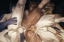 anal anal_sex anthro balls bed blue_body blush bodily_fluids brown_body canid canine canis cum cum_in_ass cum_inside ejaculation erection felid foreskin from_behind_position furniture genital_fluids genitals group hair half-closed_eyes hand_on_butt hi_res humanoid_genitalia humanoid_penis lying male male/male mammal narrowed_eyes on_bed on_side one_leg_up open_mouth open_smile pantherine penetration penile penile_penetration penis penis_in_ass raised_leg retracted_foreskin sex smile sweat tiger trio wasp_(artist) wolf