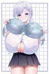 1girls blue_eyes blush boob_window bra breasts female female_only holding_bra huge_breasts indie_virtual_youtuber kirara_shiro light-skinned_female light_blue_bra light_skin nipple_bulge shirt skirt smile solo tatara12ttr virtual_youtuber white_hair