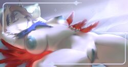 256:135 anthro areola bed bodily_fluids clitoris closed_eyes drooling feathered_wings feathers female furniture genitals grey_(lafix63) grey_body grey_hair hair hand_behind_head hand_on_hip head_on_pillow hi_res lying mammal navel neck_tuft nipples on_back pillow ponsilove pussy red_body red_feathers red_wings resting rodent saliva sciurid sleeping solo teeth tree_squirrel tuft wings