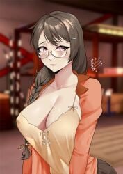 alternate_version_available bakemonogatari blurry_background braid breasts brown_hair cleavage collarbone damobelmont damodar female glass hanekawa_tsubasa highres huge_breasts large_breasts long_hair monogatari_(series) open_clothes open_shirt pink_eyes pink_shirt shirt solo