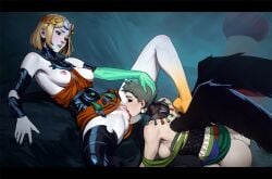 2girls ass between_breasts black_eyeshadow black_wings blonde_hair breasts brown_pubic_hair closed_eyes clothes_between_breasts colored_skin commentary crescent crescent_hair_ornament cunnilingus earrings english_commentary eris_(hades) eyeshadow female_pubic_hair foot_on_another's_back green_eyes green_lips green_nails grey_hair hades_(series) hades_2 hair_ornament hand_on_another's_head highres jewelry laurel_crown letterboxed looking_at_another makeup medium_breasts melinoe_(hades) multicolored_skin multiple_girls nail_polish oral parted_lips pubic_hair pussy red_eyes short_hair spread_legs tarakanovich uncensored white_skin wings yellow_skin yuri
