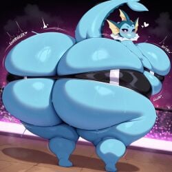 ai_generated anthro ass_bigger_than_head ass_expansion breast_expansion breasts_bigger_than_head expansion furry furry_female huge_ass huge_breasts hyper hyper_ass hyper_breasts large_ass large_breasts looking_at_viewer looking_back massive_ass pokemon pokemon_(species) sharp_teeth tagme thick_thighs tight_clothes tight_clothing vaporeon