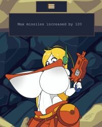 1girls 2023 big_breasts blonde_hair blue_eyes breast_expansion breasts cave_story clothed clothing curly_brace female female_only firearm gift grey_nipples gun handgun headgear headwear huge_breasts large_breasts long_hair machine nipple_bulge nipple_slip nipples pants pointy_breasts revolver robot robot_girl robot_humanoid shirt solo solo_female text text_box topwear underboob weapon white_body zedrin