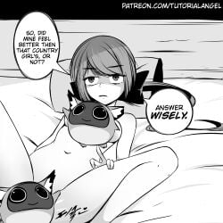1boy 1girls bed bedroom censored emotionless lefina_(toram_online) monochrome text text_bubble toram_online
