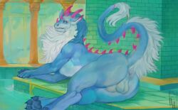 anus ass balls blue_body blue_eyes blue_fur blue_pawpads diorionarh dragon feral fur furred_dragon furred_scalie genitals hi_res horn looking_at_viewer male mythological_creature mythological_scalie mythology okifur pawpads perineum pink_horn scalie solo white_body white_fur