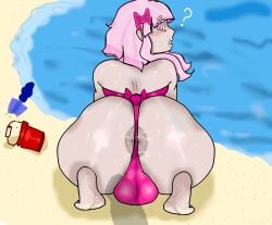 anus_outline anus_peek ass ballsack beach big_ass bikini_bottom bikini_top exaggerated_proportions femboy male pink_eyes pink_hair sand sweaty sweaty_body sweaty_butt