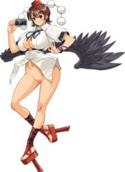 artist_request black_wings blush bottomless breasts brown_hair female female_only geta hat high_resolution large_breasts pussy red_eyes sandals shameimaru_aya short_hair smile solo tengu tengu-geta toes tokin_hat touhou wings