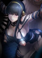 2boys bar_censor black_dress black_hair breasts censored cleavage clenched_teeth clothed_female_nude_male commentary_request dress erection female flower gold_hairband group_sex hair_flower hair_ornament hairband highres large_breasts large_variant_set long_hair looking_at_viewer mmf_threesome multiple_boys nipples nude onigirikun paid_reward_available penis rape red_eyes restrained rose solo_focus spy_x_family straight sweat teeth threesome torn_clothes torn_dress variant_set yor_briar