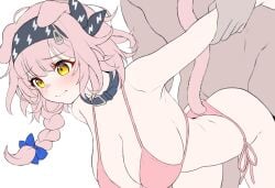 1boy absurdres animal_ears arknights belt_collar bikini black_hairband blush braid breasts cat_ears cat_girl cat_tail cleavage closed_mouth collar commentary completely_nude daram_(shappydude) doggy_style female goldenglow_(arknights) grabbing_another's_arm grabbing_from_behind hairband highres large_breasts long_hair nude pink_bikini pink_hair sex sex_from_behind simple_background single_braid straight swimsuit tail unfinished white_background yellow_eyes
