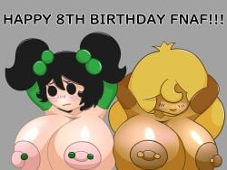 aged_up anniversary arms_behind_head big_breasts black_eyes black_hair blonde_hair blush brown_armwear brown_nipples five_nights_at_candy's five_nights_at_candy's_3 five_nights_at_freddy's five_nights_at_freddy's:_security_breach green_armwear green_hair_ornament hair_covering_eye light-skinned_female light_brown_skin light_brown_skinned_female light_skin mary_schmidt_(fnac) nappery nappery_(artist) nipple_piercing pink_nipples posing posing_for_the_viewer princess_quest_(fnaf) shy twintails
