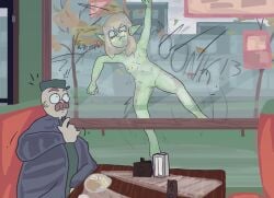 1boy 1girls against_glass against_window alternate_version_available areolae blonde_hair blush breasts breasts_on_glass cafe clothed_male_nude_female completely_naked completely_nude completely_nude_female embarrassed embarrassed_nude_female enf face_on_glass female female_focus goblin goblin_female green_skin male naked navel nipples nude nude_female okjoeone on_glass onomatopoeia public public_exposure public_nudity pussy restaurant shaved_pussy windy