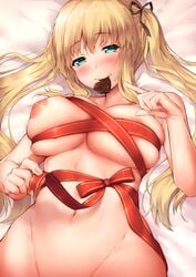 areolae ashikase00 bangs black_ribbon blonde_hair blue_eyes blush bow breasts chocolate chocolate_heart eyebrows_visible_through_hair female gift groin hair_ribbon heart highres large_breasts long_hair looking_at_viewer lying naked_ribbon navel nipples on_back original out-of-frame_censoring pointing red_ribbon ribbon skindentation smile solo twintails valentine