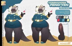anthro bangs big_bulge bulge chromapan closed_eyes clothed clothed_anthro clothing commander_feng-yen_(kazukio) disembodied_penis eyeliner futanari genitals gulonine gynomorph hair intersex makeup male mammal marten military_uniform model_sheet mustelid musteline penis pine_marten ponytail red_eyeliner simple_background snapping_fingers solo standing stern_look thick_thighs uniform watermark wide_hips