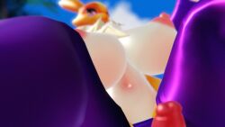 1futa big_breasts chest_tuft digimon from_below futanari renamon sloppydragons solo topless vrchat yellow_eyes