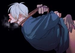 arms_behind_back asphyxiation bent_over blush choking dilf disembodied_hands drooling gay gegege_no_kitarou hair_over_one_eye implied_sex kimono kitarou_tanjou_gegege_no_nazo long_tongue male male_only medama_oyaji_(human) no_visible_genitalia profile questionable_consent restrained rope rope_around_neck side_view solo_focus tongue_out white_hair yaoi