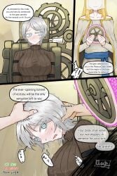 2girls dialogue eileen_(library_of_ruina) english_dialogue english_text faust_(limbus_company) female gears library_of_ruina limbus_company praycity0925 project_moon strapped_to_a_chair tagme text tremble tremble_lines trembling