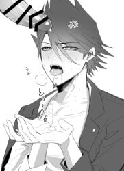 blush danganronpa danganronpa_v3 gay leaking leaking_penis leaking_precum male male/male male_focus male_only momota_kaito penis precum_drip precum_in_mouth precum_on_tongue precum_string shidou1998 tongue tongue_out yaoi