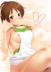 1girls :d apron apron_only artist_request blush blushing breasts brown_eyes brown_hair erect_nipples fair_skin k-on! looking_at_viewer medium_breasts pink_nipples smile tagme thighs tied_hair ui_hirasawa_(k-on!)