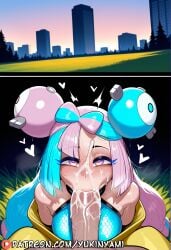 1boy 1girls 2koma ai ai_generated bedroom_eyes big_breasts big_dick big_penis blowjob blush breasts clothing english eyes female feminine feminine_body feminine_pose heart huge_breasts huge_cock iono_(pokemon) large_breasts large_dick large_penis long_hair male navel nipples open_mouth patreon patreon_username penis pokemon pokemon_sv pussy pussy_lips sexy slender straight sucking sucking_penis sweat teeth text thick_thighs thighhighs thighs tongue tongue_out uncensored wet yukinyami
