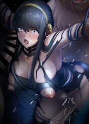 2boys bar_censor black_dress black_hair blush breasts censored cleavage clothed_female_nude_male commentary_request dress erection female flower gold_hairband group_sex hair_flower hair_ornament hairband highres large_breasts large_variant_set long_hair looking_at_viewer mmf_threesome multiple_boys nipples nude onigirikun open_mouth paid_reward_available penis pussy_juice rape red_eyes restrained rose sex solo_focus spy_x_family straight sweat threesome torn_clothes torn_dress variant_set yor_briar