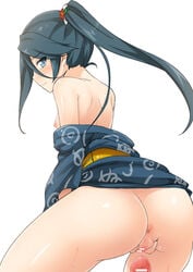 2013 anus ascii_media_works ass blue_hair blush dengeki_daioh female flower grey_eyes hair_ornament hataraku_maou-sama! imminent_sex kamazuki_suzuno long_hair nipples off_shoulder oozora_itsuki penis pussy side_ponytail solo_focus spread_pussy white_fox_(studio)