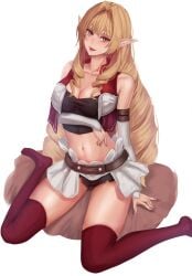 alternate_breast_size bag black_shorts black_thighhighs blonde_hair breasts brown_eyes cleavage collarbone detached_sleeves drill_hair ekuskarma elf elinalise_dragonroad eyeshadow feet_out_of_frame female female_focus fingernails hair_between_eyes hair_intakes highres jacket large_breasts lips long_hair long_pointy_ears long_sleeves looking_at_viewer makeup midriff mushoku_tensei navel open_clothes open_jacket open_mouth pointy_ears red_jacket red_thighhighs short_shorts shorts showgirl_skirt simple_background sitting sleeveless sleeveless_jacket solo stomach teeth thighhighs very_long_hair wariza white_background white_sleeves