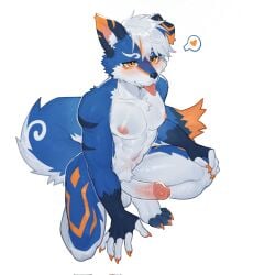 anthro balls blush canid canine crouching genitals glans hi_res humanoid_genitalia humanoid_penis male mammal nipples nude penis qftalorz simple_background solo white_background