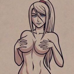 1girls ai ai_generated blue_eyes breasts female female_focus female_only hands_on_breasts holding_breasts long_hair looking_at_viewer metroid mole mole_under_mouth monochrome naked naked_female navel nintendo nude nude_female ponytail quinzo11 samus_aran samus_aran self_upload smiling_at_viewer teeth_visible
