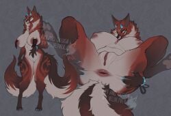 2_tails 4:3 anthro anus ass big_breasts black_sclera blue_eyes breasts canid canine claws detailed digital_drawing_(artwork) digital_media_(artwork) female fox fur fur_markings genitals hi_res horn huge_breasts humanoid_genitalia humanoid_pussy looking_at_viewer lying mammal markings model_sheet multi_tail neck_tuft ofuda_on_nipples on_back pawpads pose presenting presenting_anus presenting_hindquarters presenting_pussy pussy red_body red_fur sharp_teeth smile smiling_at_viewer snout_binder solo spread_anus spread_butt spreading tail teeth tuft velvetveil