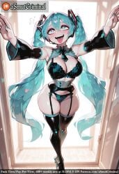 ai_generated aqua_eyes aqua_hair aqua_nails armpits arms_up asmutcriminal black_footwear black_nails blue_nails blush boots bow bra breasts cleavage detached_sleeves eyebrows_visible_through_hair female fingernails full_body garter_belt green_nails hair_between_eyes hair_ornament hatsune_miku headset indoors large_breasts lingerie long_hair looking_at_viewer nail_polish navel open_mouth outstretched_arm outstretched_arms panties skindentation solo sweat tagme thigh_boots thighhighs tongue tongue_out twintails underwear very_long_hair window