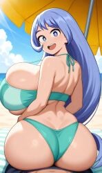 ai_generated beach bikini blue_eyes fat_ass hadou_nejire huge_breasts lap_sitting long_hair looking_back my_hero_academia nejire_hado purple_hair sitting_on_lap surprised