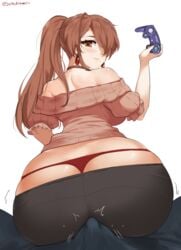 artist_name ass assertive bare_shoulders black_pants blush breasts brown_eyes brown_hair buttjob character_request controller curvy earrings erection erection_under_clothes female from_behind game_controller gamecube gamecube_controller hair_over_one_eye highres holding huge_ass jewelry large_breasts light_smile long_hair looking_at_viewer looking_back midriff mole mole_under_mouth nintendo off-shoulder_shirt panties pants pants_pull penis pink_shirt ponytail pov puffy_short_sleeves puffy_sleeves red_panties sendrawz shirt short_sleeves skindentation solo_focus string_panties thong underwear whale_tail yoga_pants